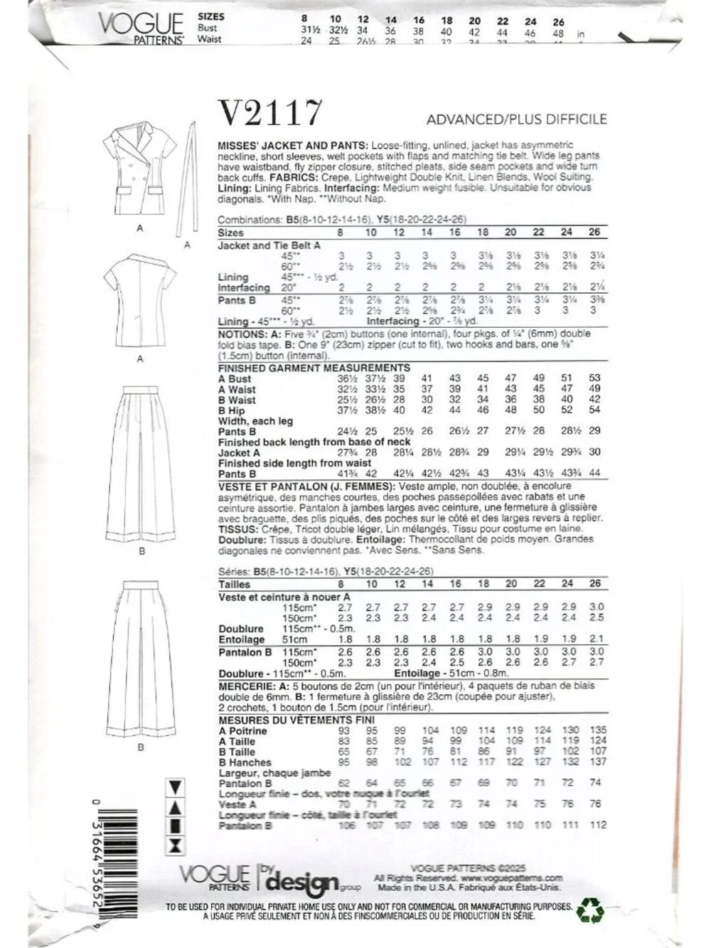 Vogue V2117 Womens 18 to 26 Jacket and Pants Uncut Sewing Pattern